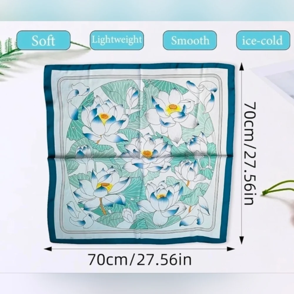 NWT Elegant Lotus Flower Satin Square Scarf - Blue & White 27